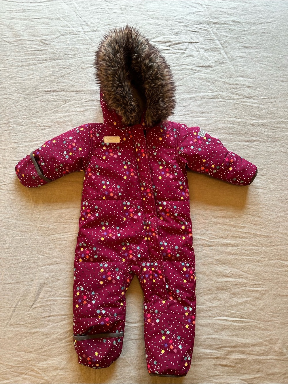 Activ8 Maroon Star-Print Infant Snowsuit with Faux Fur Hood
